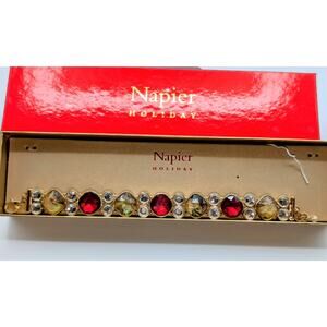 Napier Holiday Collection Gold Tone Red Clear Abalone Stone Bracelet